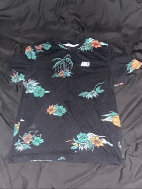 Nike Black Tee with Teal and Orange Floral Print